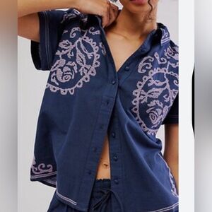 Free People Blue Button Down Short Sleeve Shirt